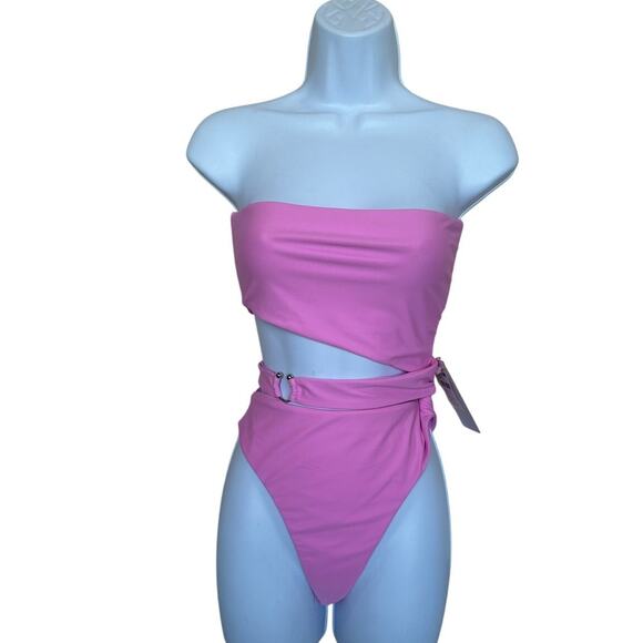 Lovewave Pink Strapless One Piece Swimsuit SMALL Cutout Monokini Cheeky $128 NEW - Picture 3 of 9